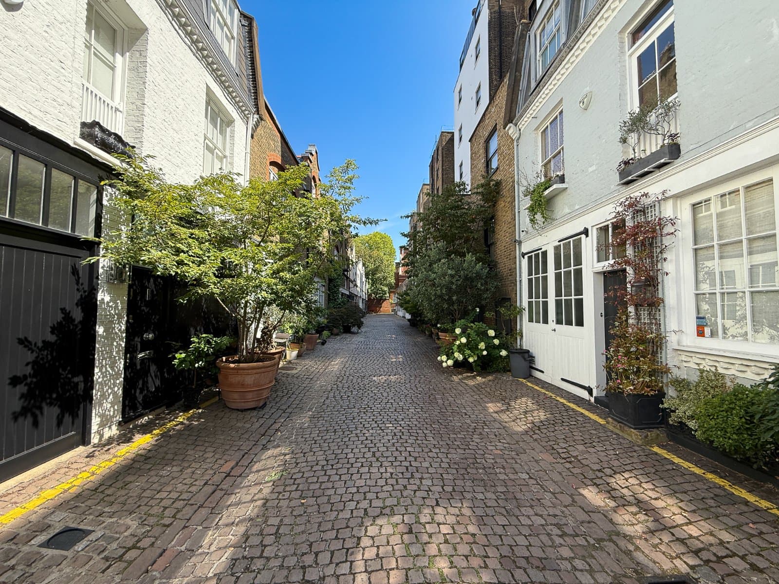 Charming cobbled street in London with potted plants and historic houses, showcasing prime location for London property sales and rentals.