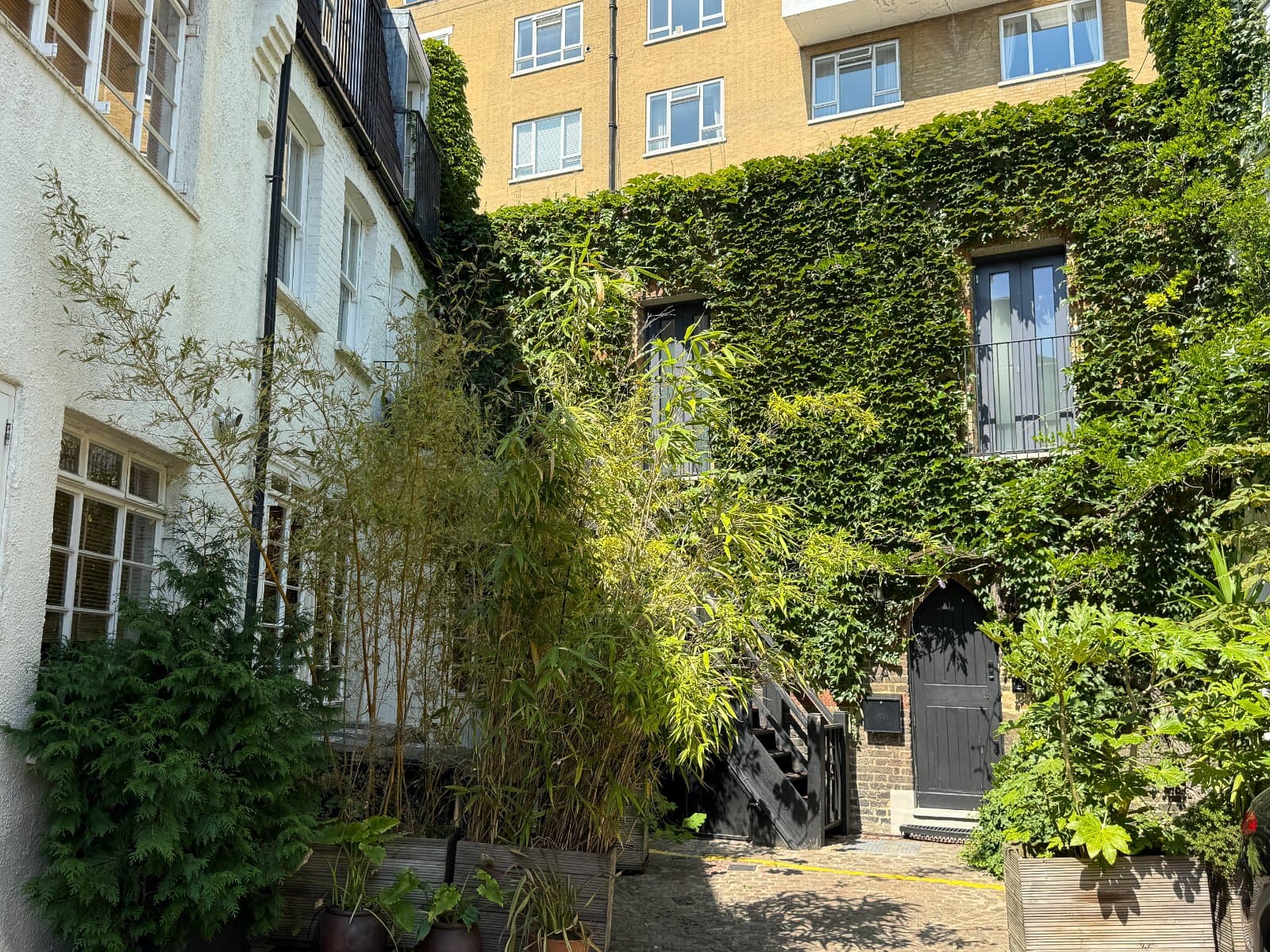 Lurot Brand London property with lush greenery and classic black door in a cobbled courtyard.