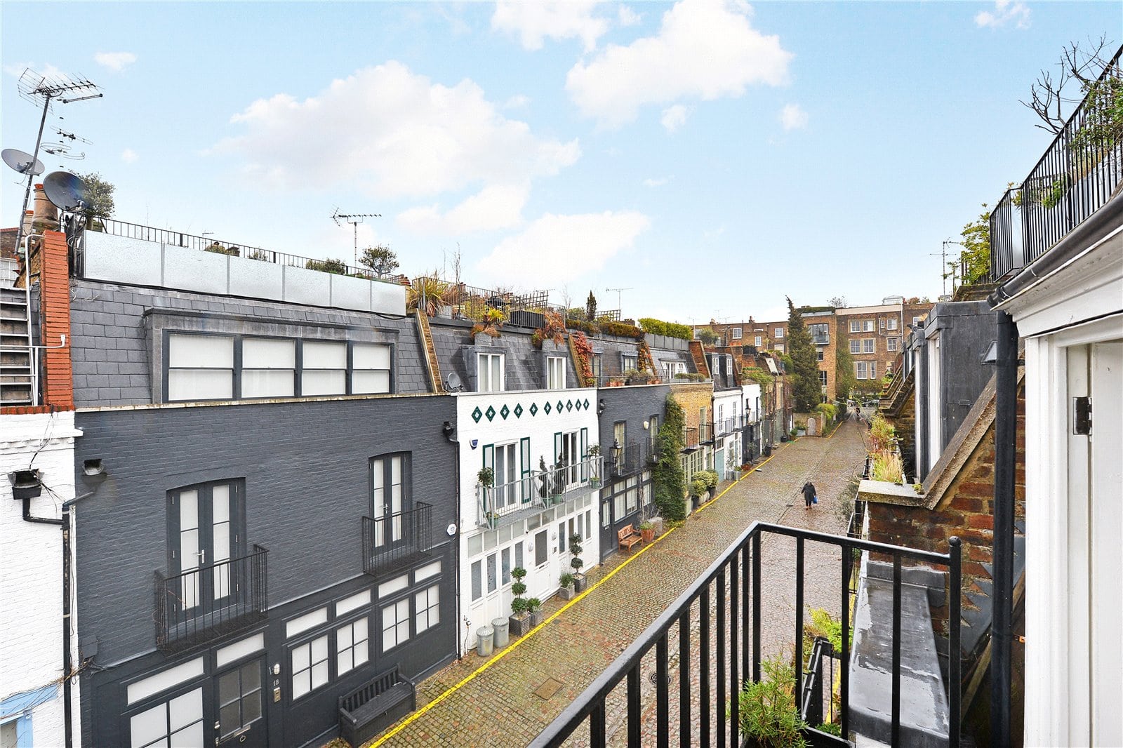 Colourful terrace houses on a cobbled street with rooftop gardens in London.