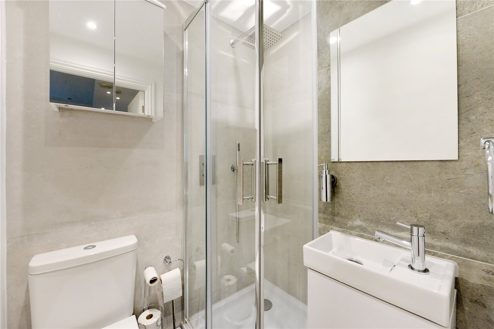 Modern bathroom with walk-in shower and sleek fixtures.