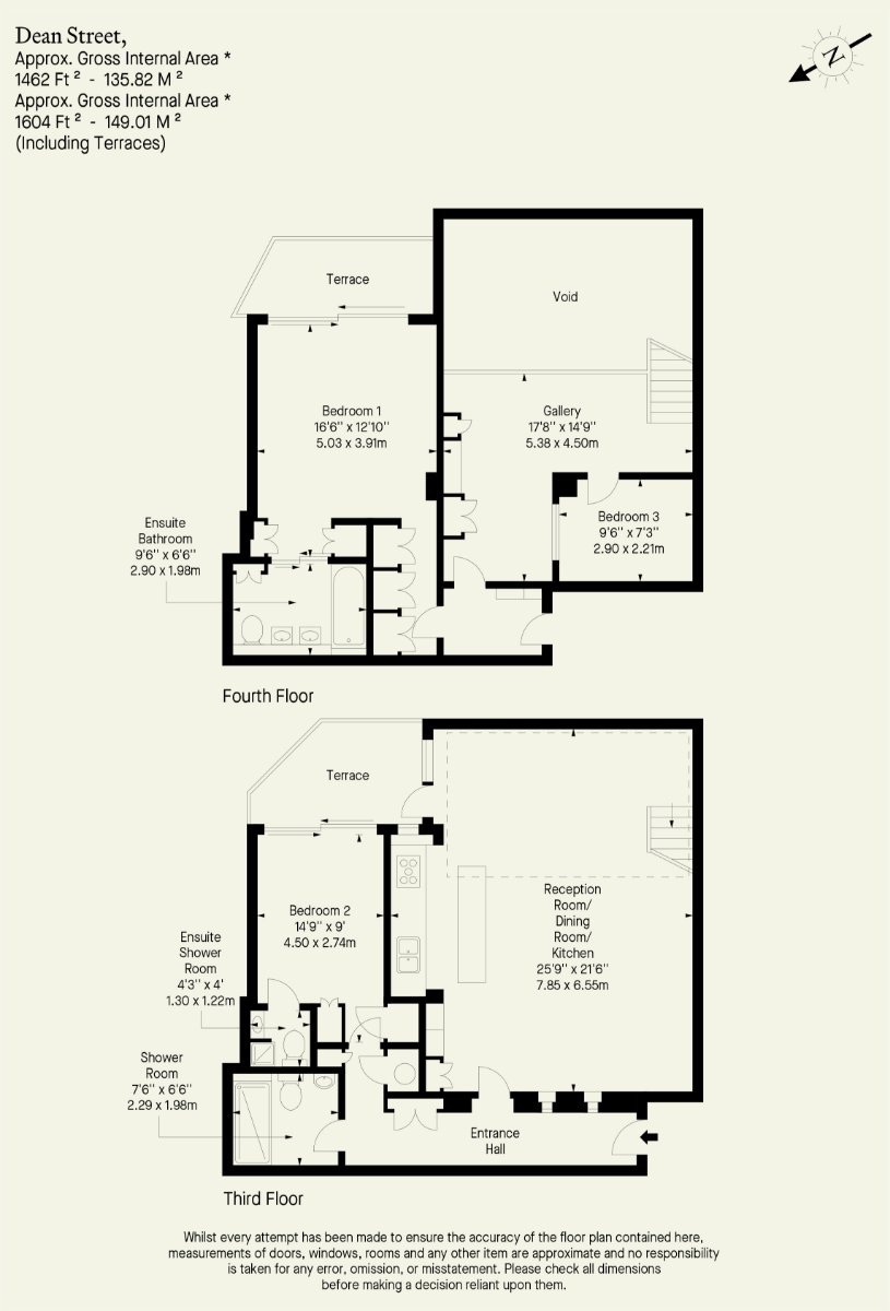 Spacious London apartment floor plan with multiple terraces and ensuite bedrooms.