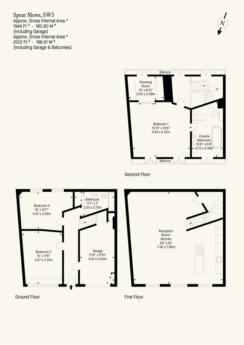Spare Mews, SW5 house floor plan with three bedrooms and garage.