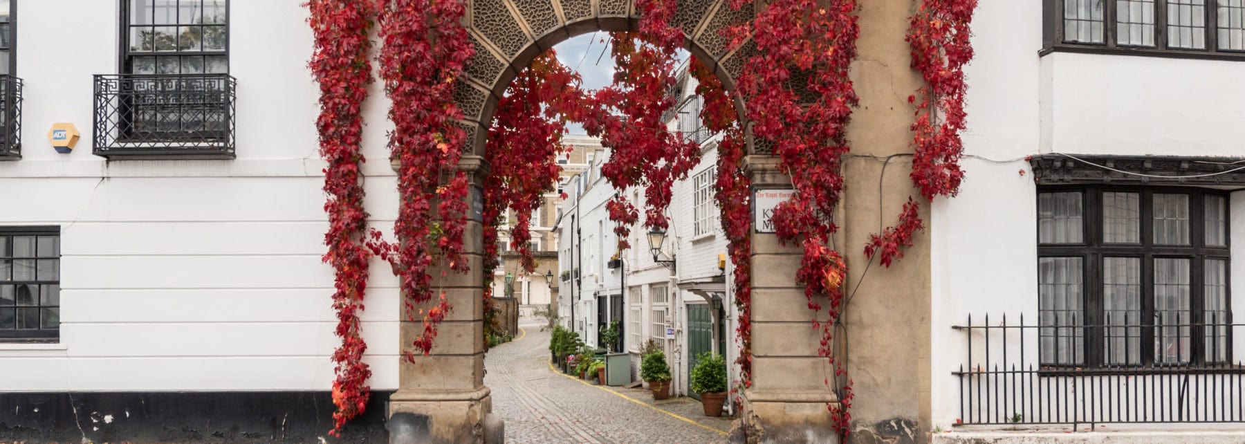 Elegant London townhouse entrance with vibrant red ivy, historic stone archway, and classic architecture.