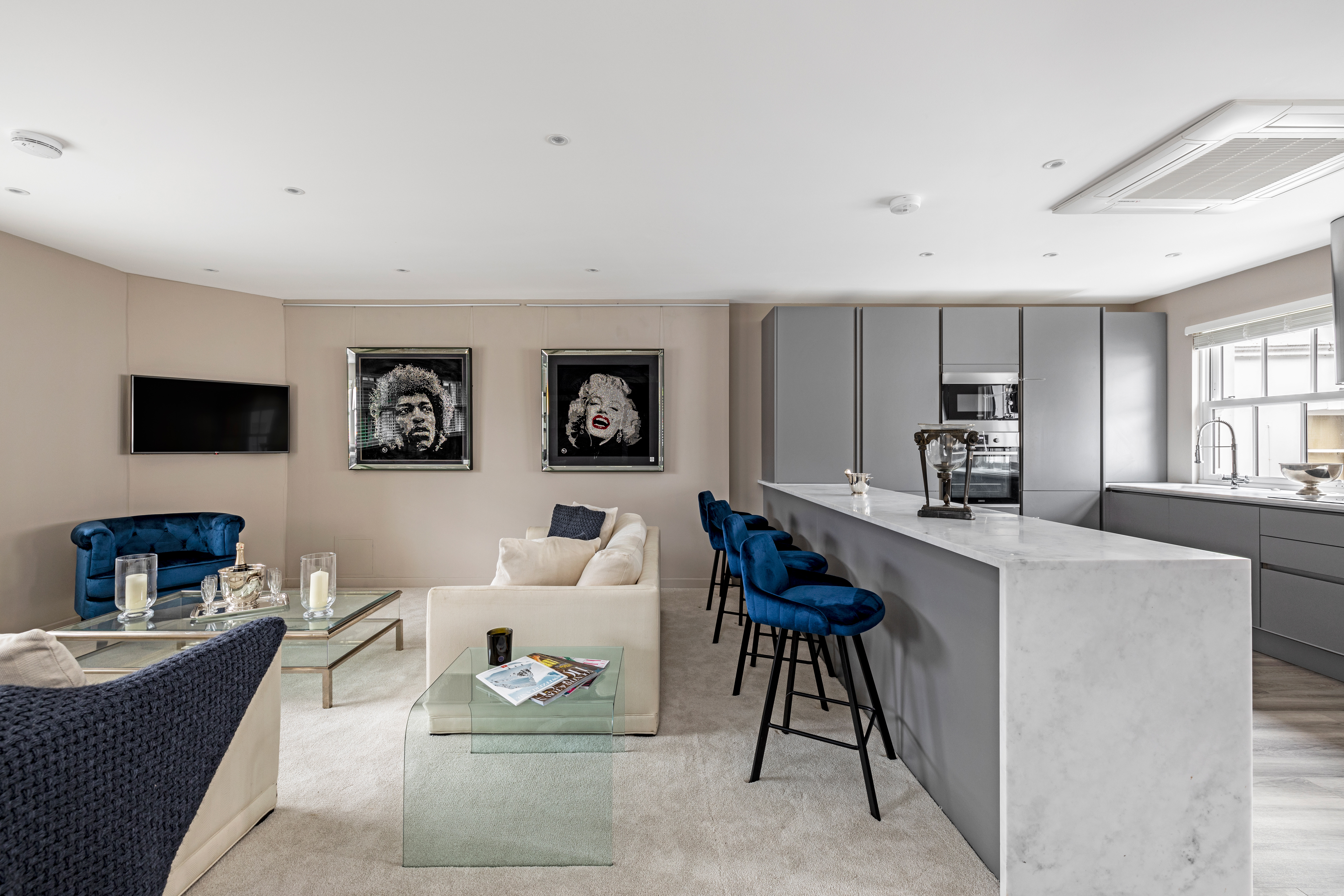 Open plan kitchen and living room in a mews property