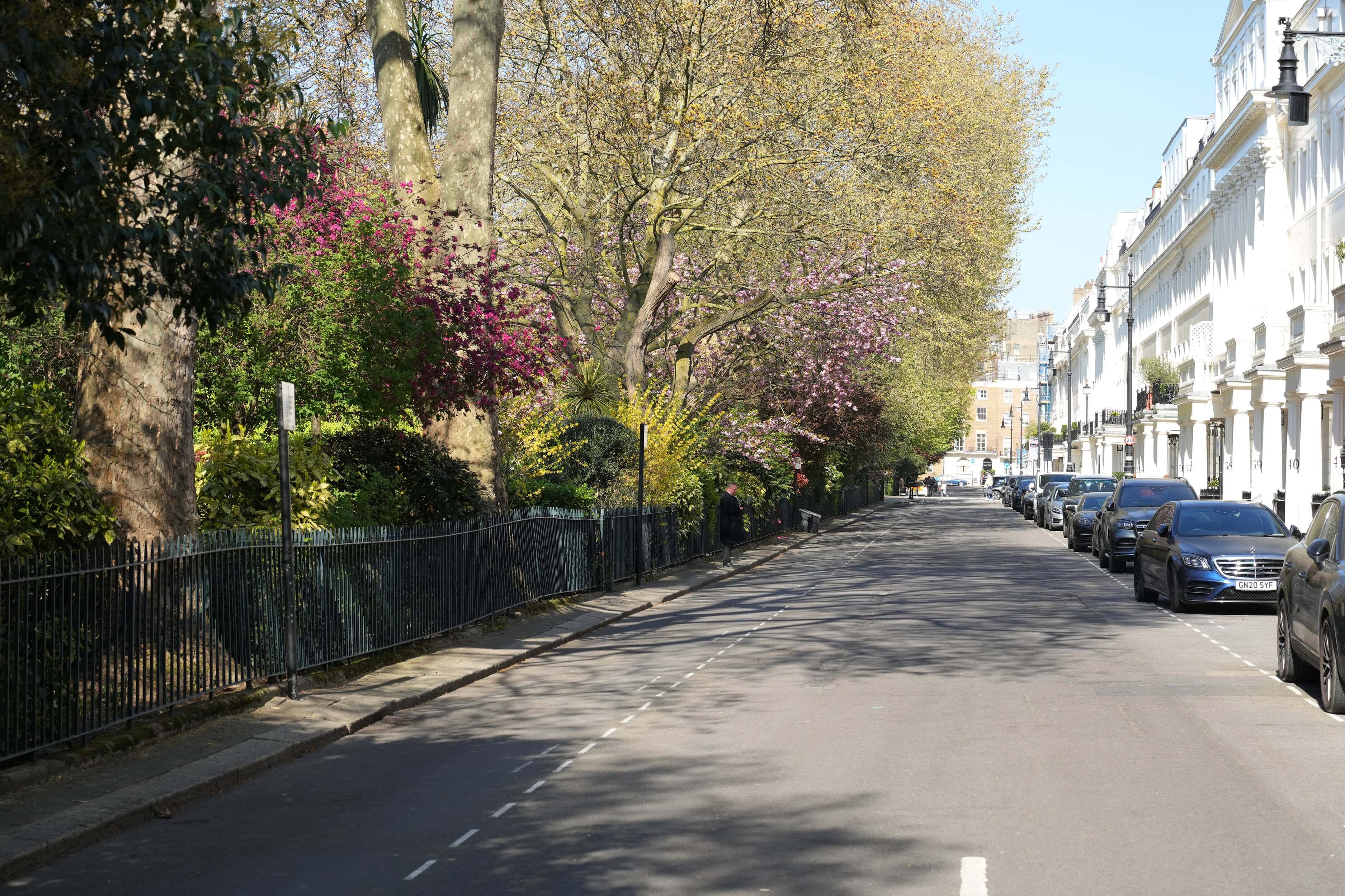 A road in Belgravia next to a park with big trees