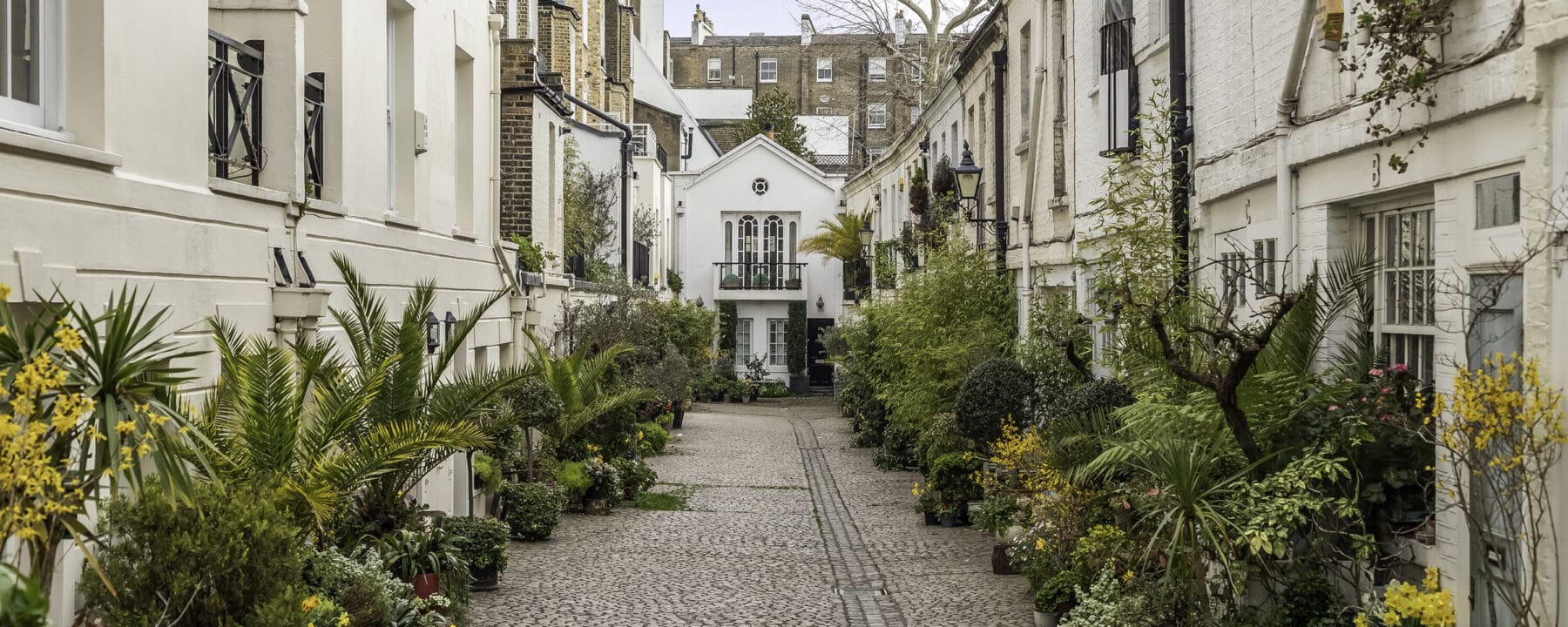 Lurot Brand boutique courtyard with lush greenery and charming historic buildings in London.