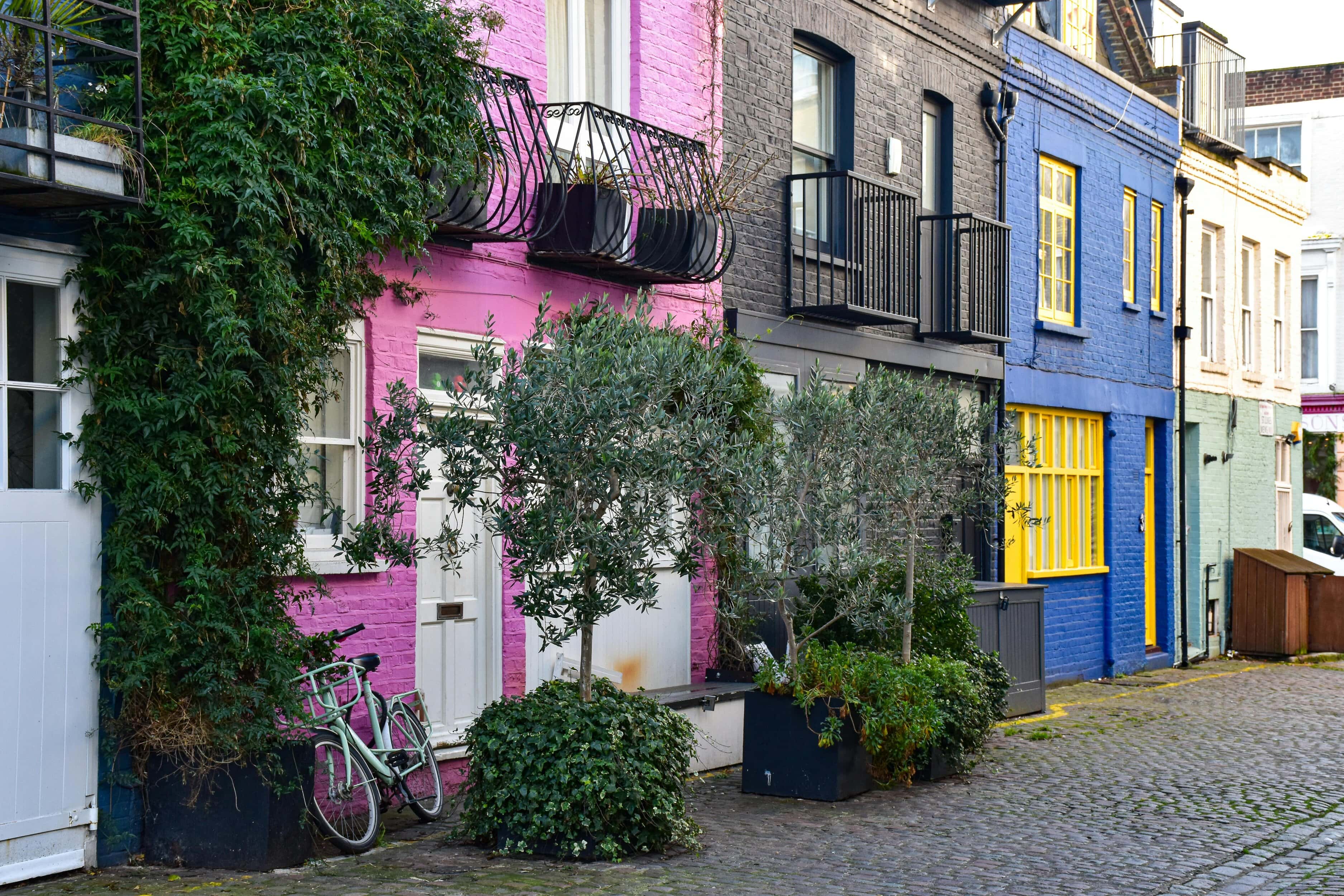 Pink and blue mews house on a mews street in London