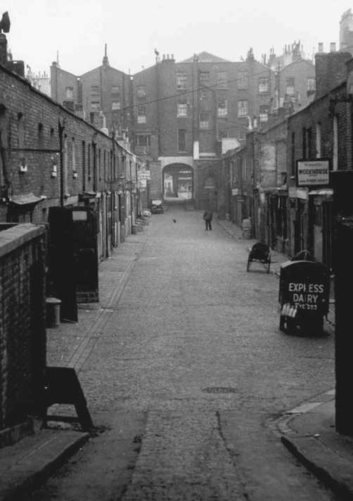 A black and white picture of Gloucester Mews West in London