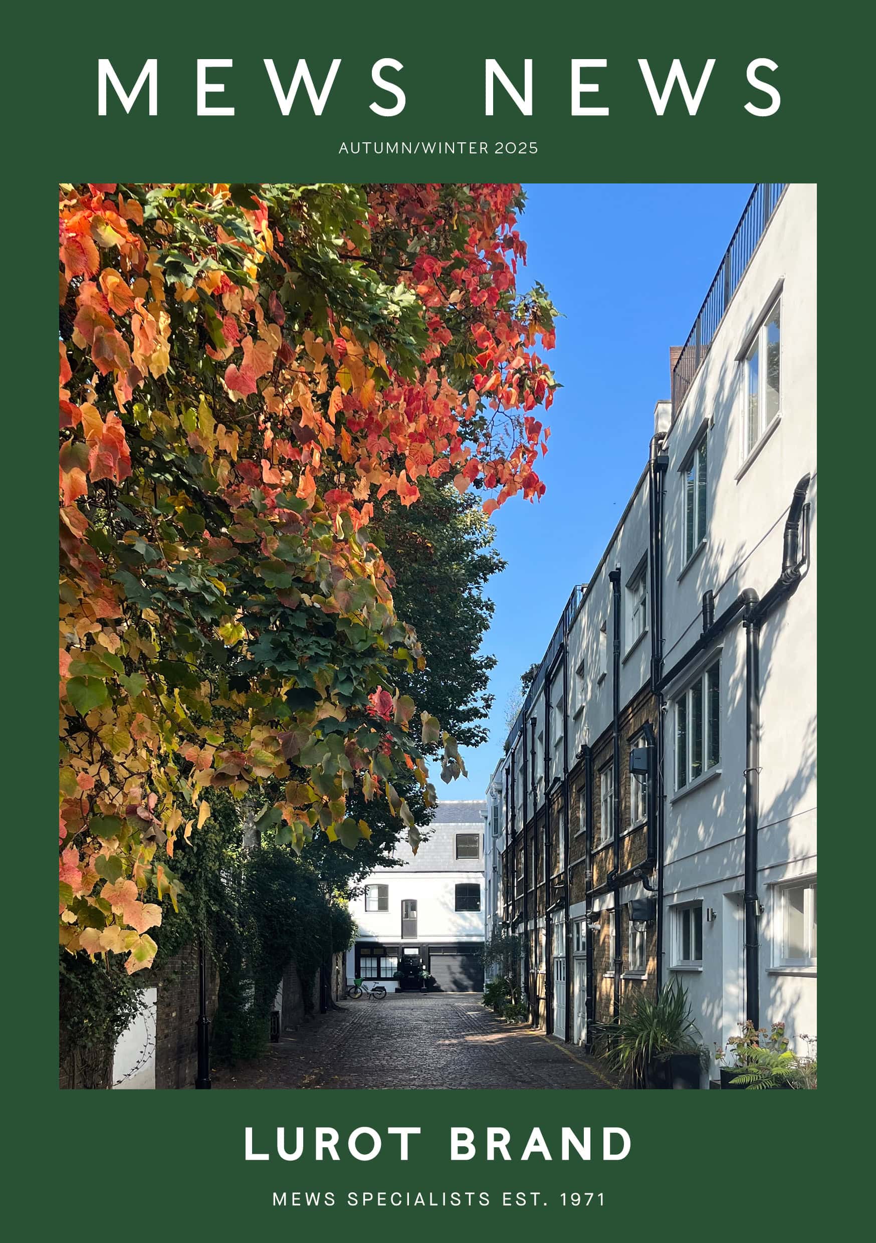 Mews News magazine cover featuring a mews street with mews houses