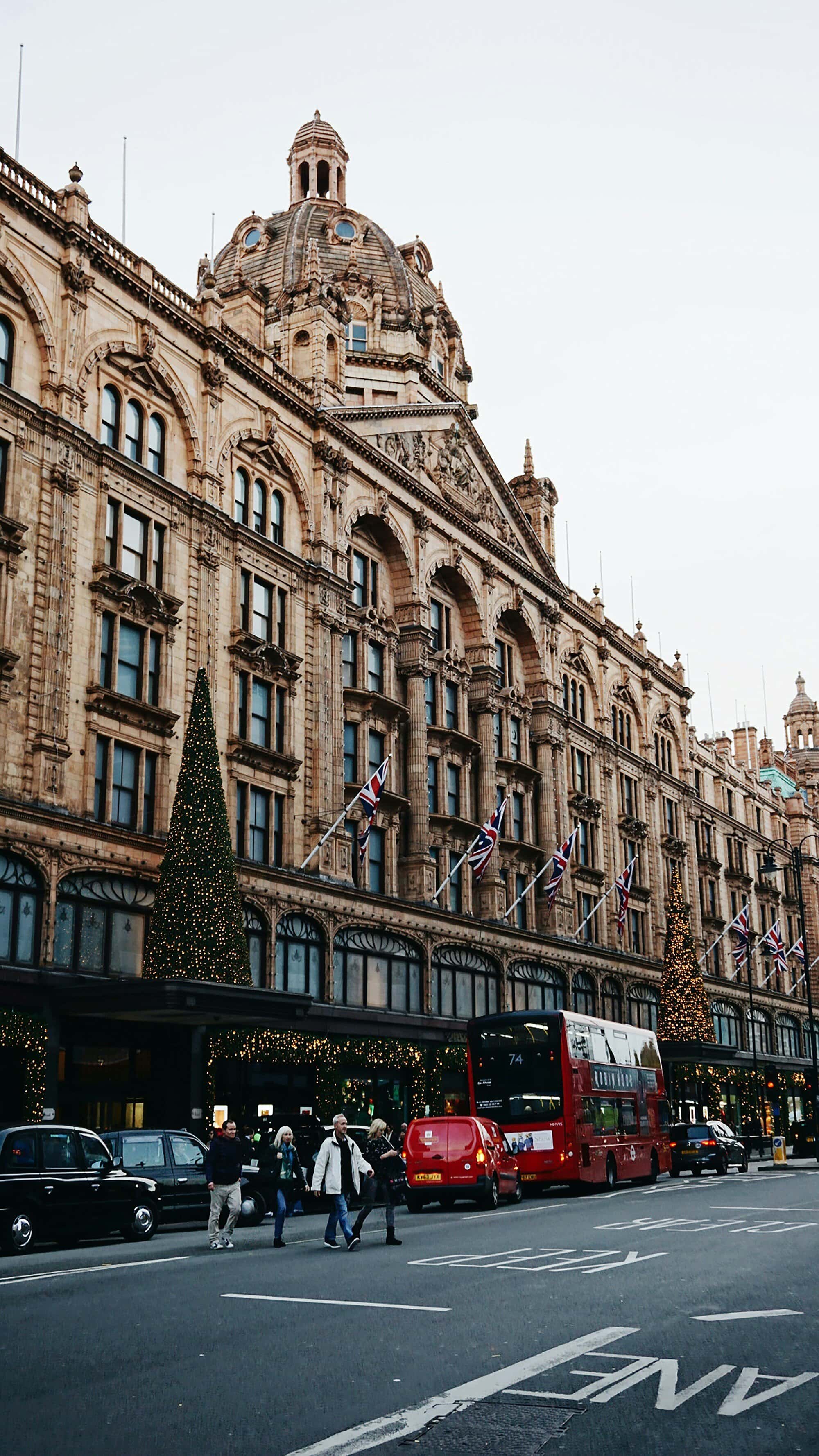 The exterior of Harrods at Christmas