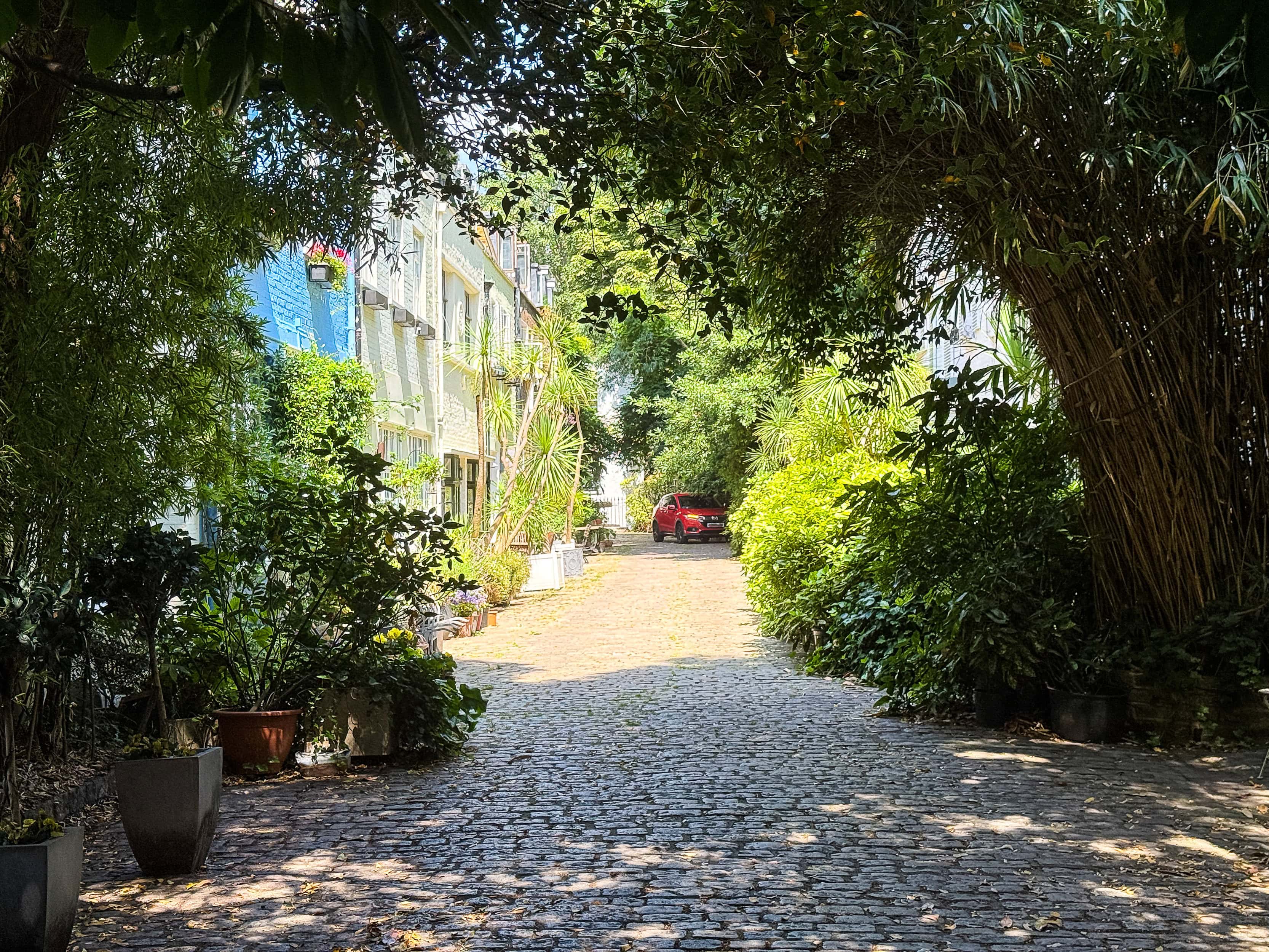A pretty green mews in London with trees