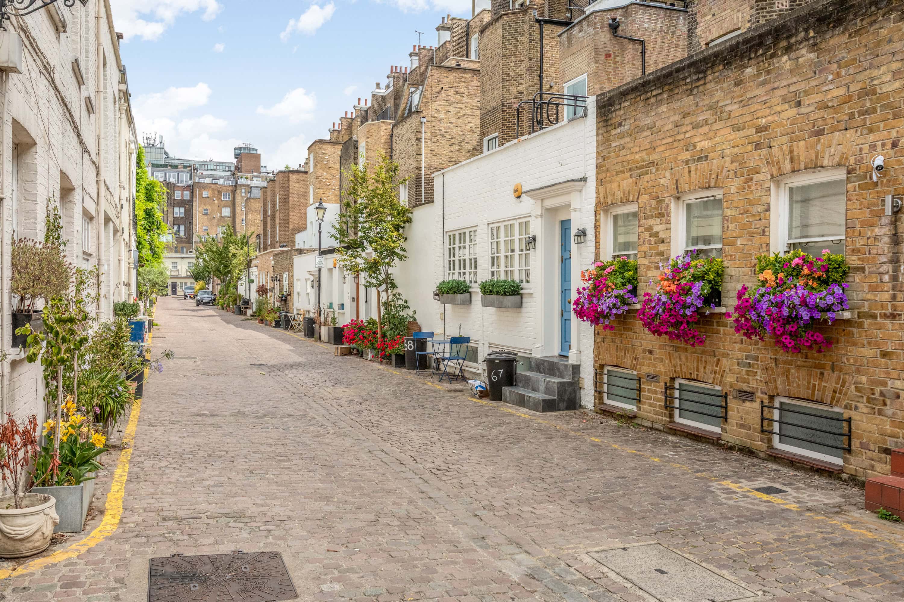 A cobbled mews street with mews houses and planters