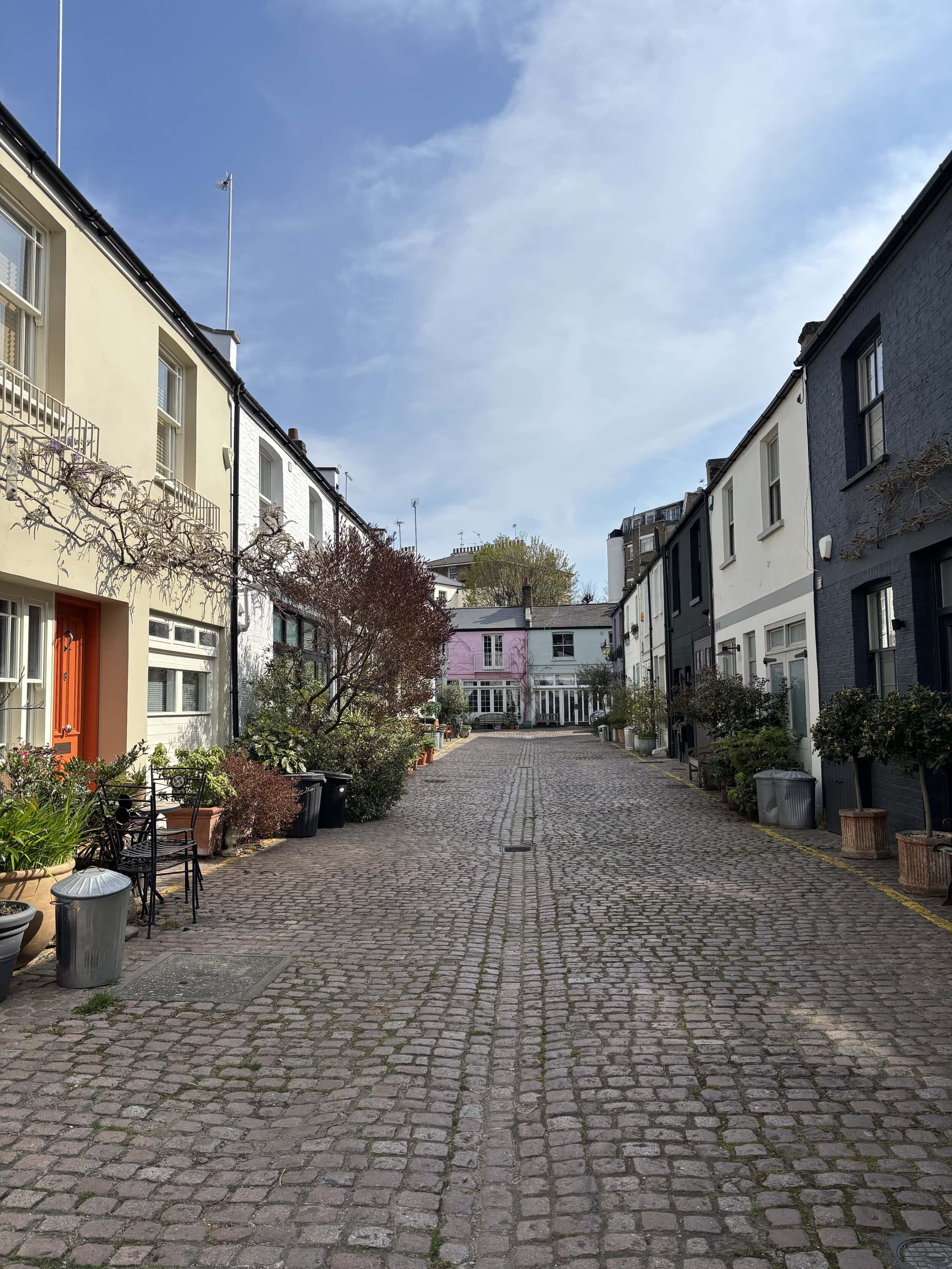 Picturesque cobbled street in Notting Hill with colourful houses and plants, some available to rent in Notting Hill