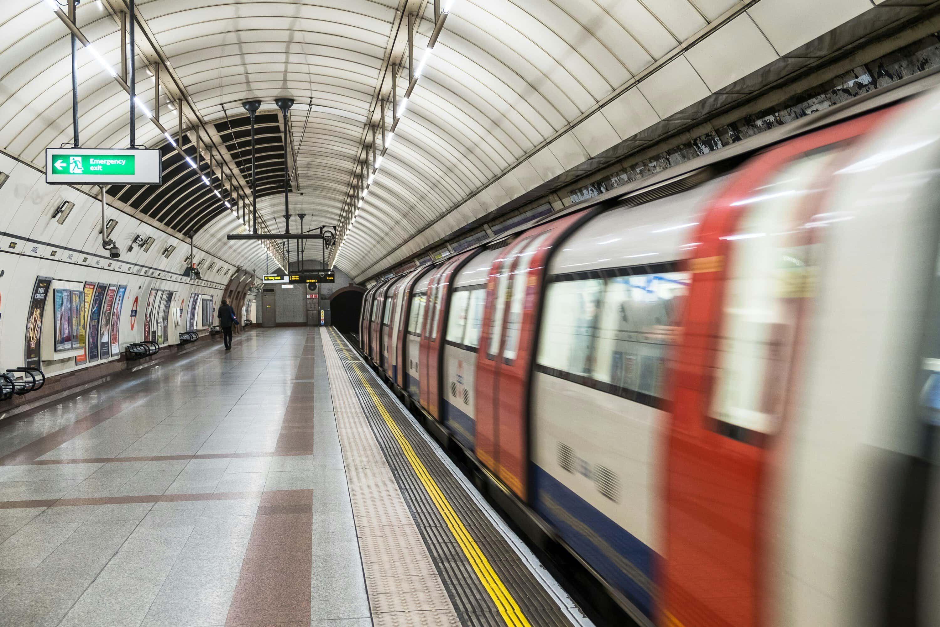 London Underground train arriving at the platform.