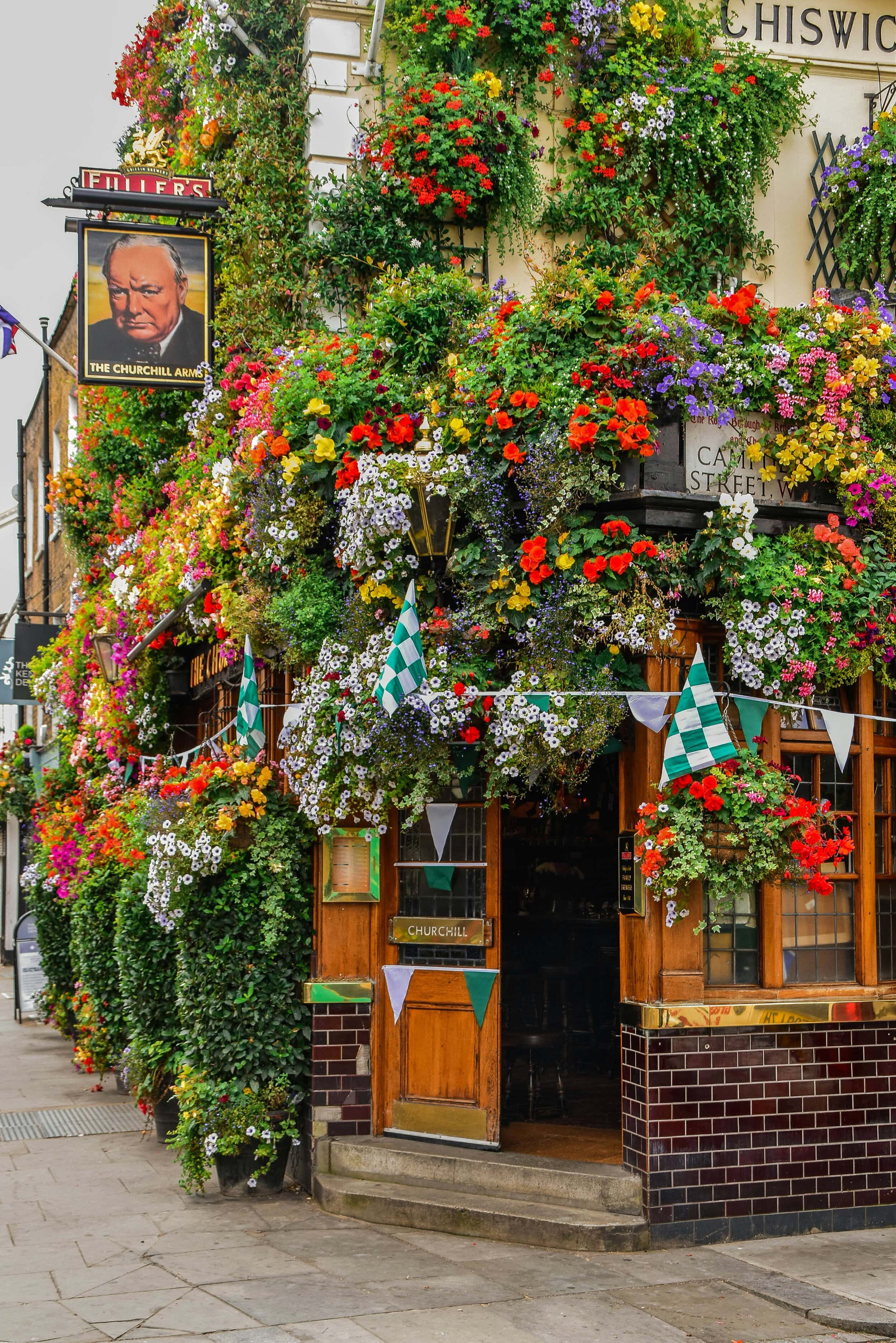 Colourful floral display outside a shop in Notting Hill