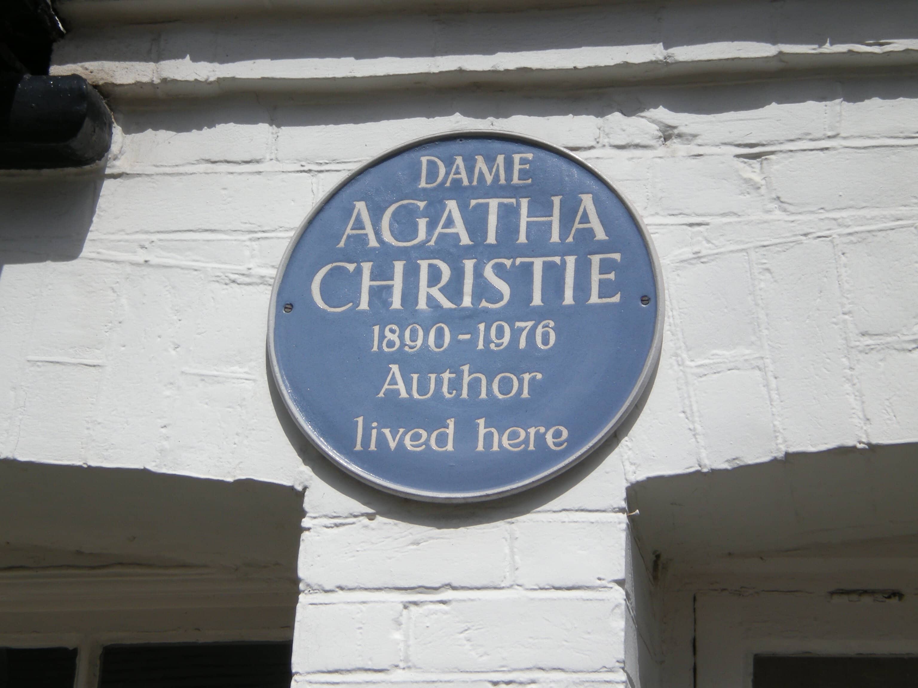 Blue commemorative plaques for Dame Agatha Christie in London.